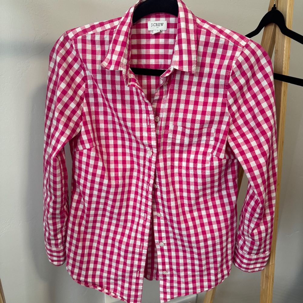 J Crew Factory Gingham Button Down Top Pink White
